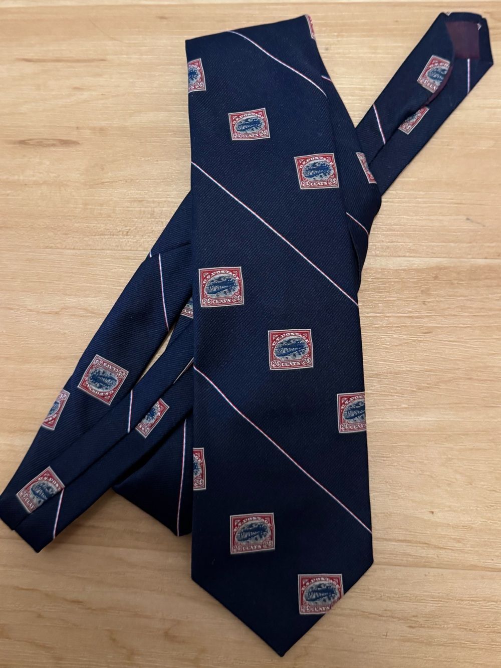 Vintage Smithsonian Institution Airmail Airplane US Postage 24 Cents Navy Tie